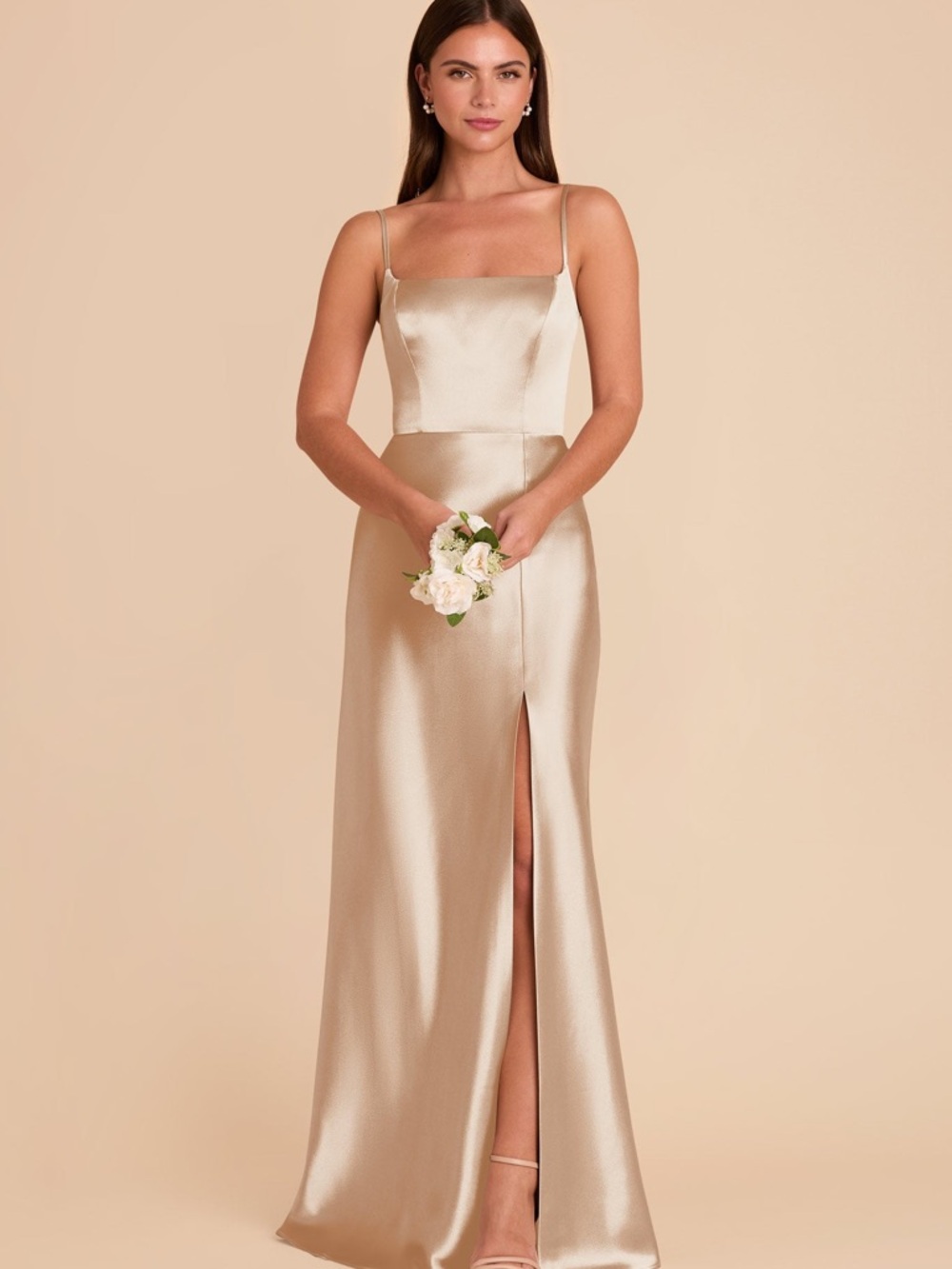 Birdy Grey Mai Dress Shiny Satin Neutral Champagne Formal Gown NWT Size Large